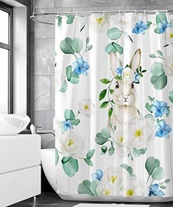 Spring Watercolor Floral Rabbit Print Shower Curtain for Easter Bunny Shower Curtain