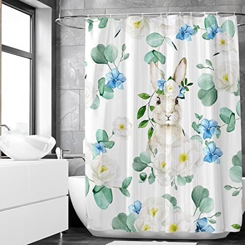 Spring Watercolor Floral Rabbit Print Shower Curtain for Easter Bunny Shower Curtain
