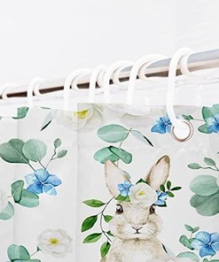Spring Watercolor Floral Rabbit Print Shower Curtain for Easter Bunny Shower Curtain