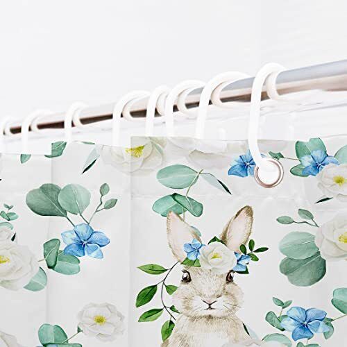 Spring Watercolor Floral Rabbit Print Shower Curtain for Easter Bunny Shower Curtain