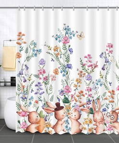 Spring Watercolor Flowers Bunny Shower Curtain - Easter Bunny Floral Cute Rabbits Holiday Bath Curtains