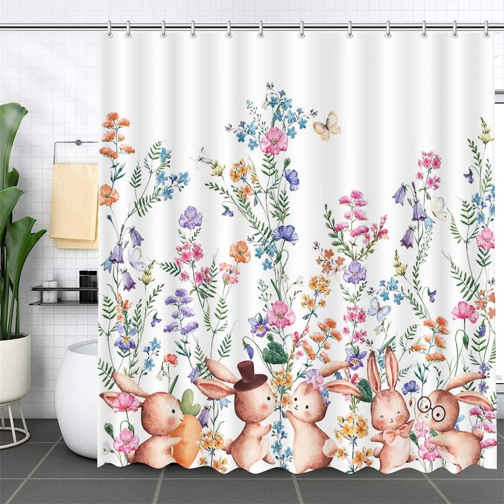 Spring Watercolor Flowers Bunny Shower Curtain - Easter Bunny Floral Cute Rabbits Holiday Bath Curtains