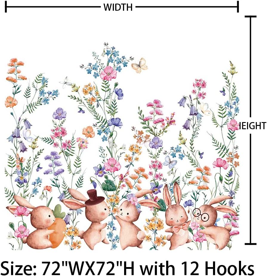 Spring Watercolor Flowers Bunny Shower Curtain - Easter Bunny Floral Cute Rabbits Holiday Bath Curtains