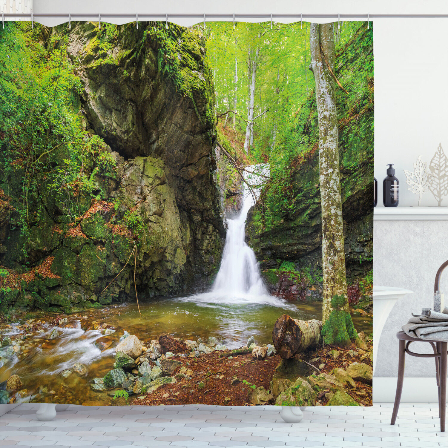 Spring Waterfall Nature Shower Curtain - Scenery Print for Bathroom Decor
