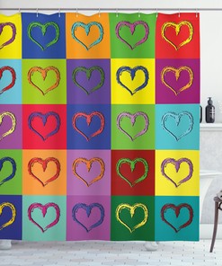 Square Print Art Shower Curtain - Unique Living Heart Colorful Bathroom Decor