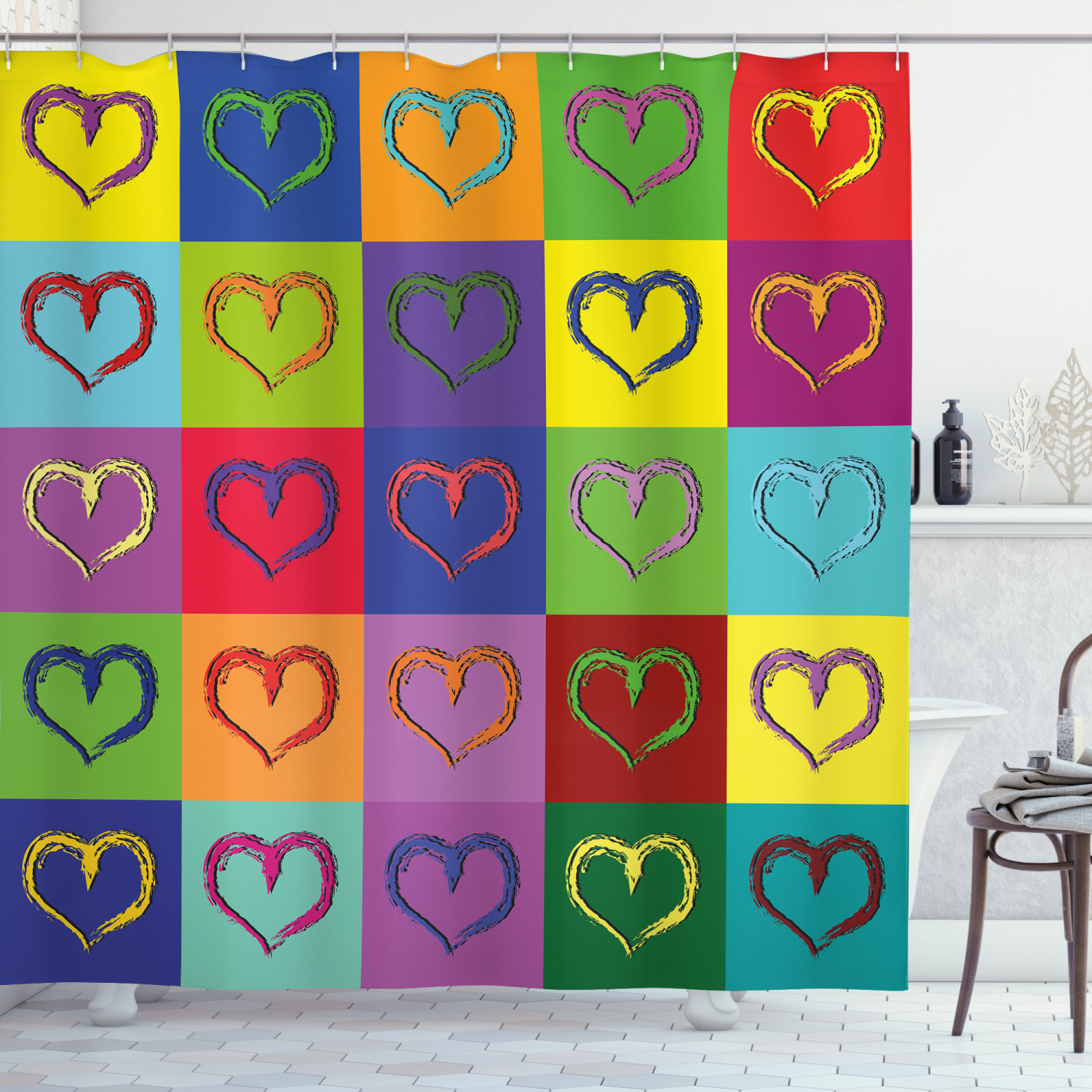 Square Print Art Shower Curtain - Unique Living Heart Colorful Bathroom Decor