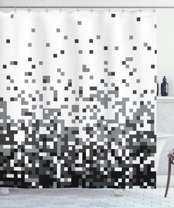 Squares Greyscale Print Shower Curtain For Modern Bathroom