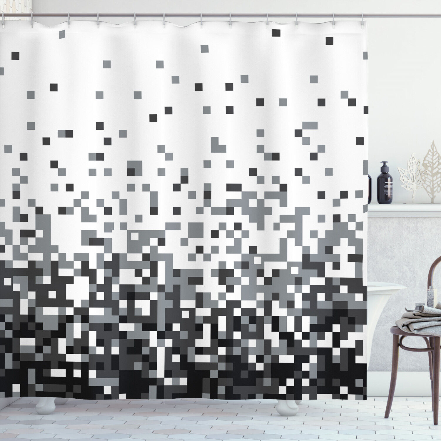 Squares Greyscale Print Shower Curtain For Modern Bathroom
