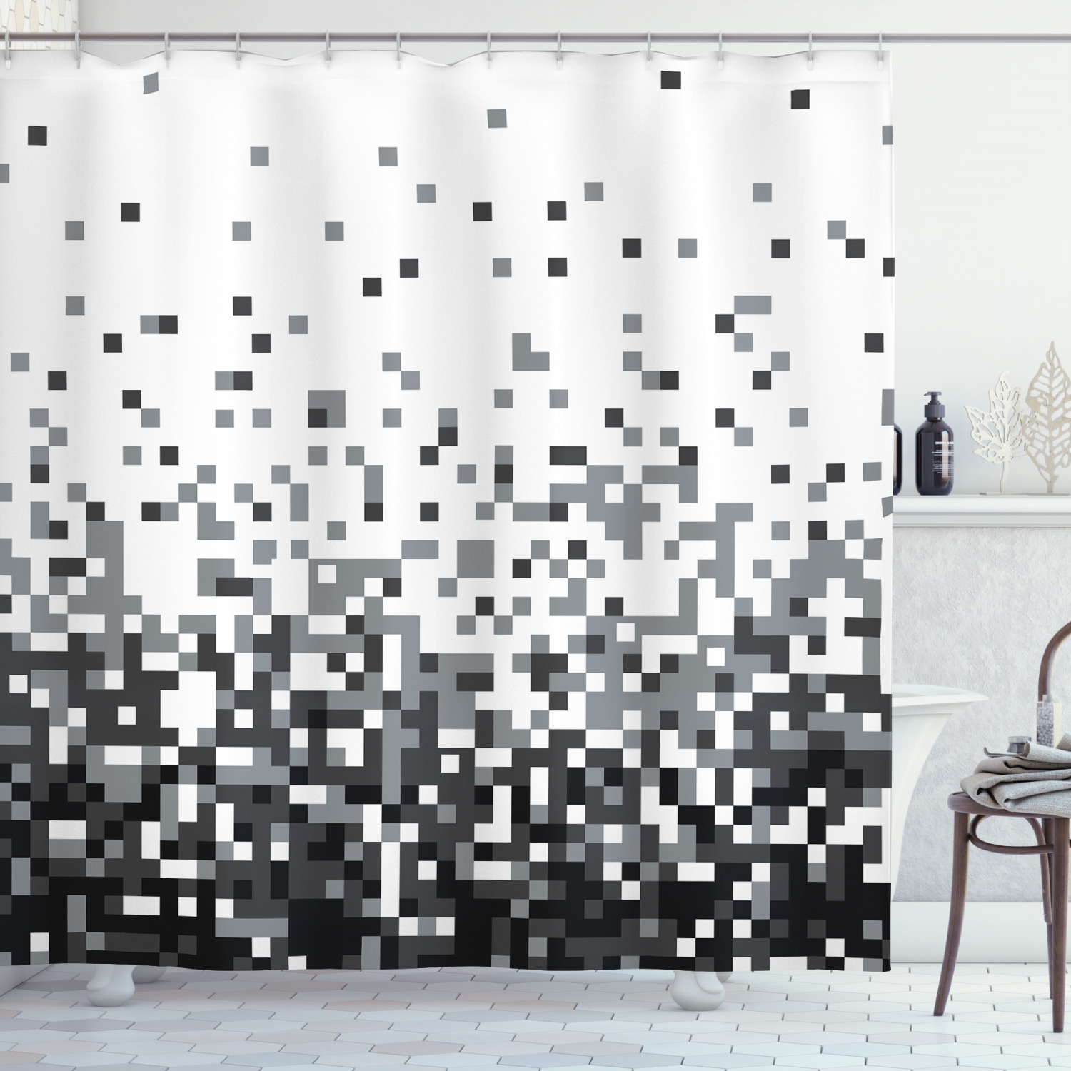 Squares Greyscale Print Shower Curtain For Modern Bathroom