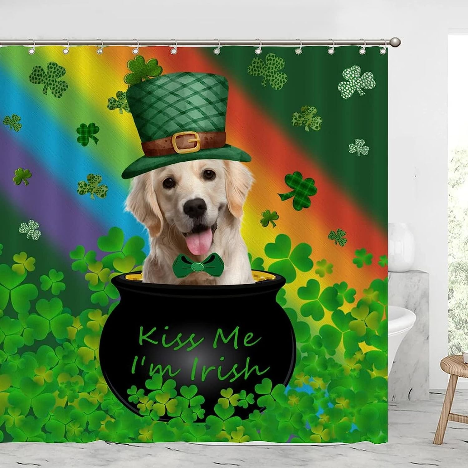 St. Patrick's Day Dog Kiss Me I'm Irish Shower Curtain for Bathroom Decor with Waterproof Fabric
