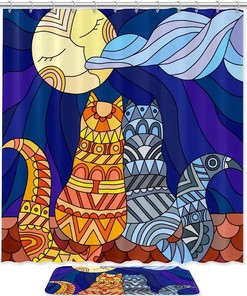 Stained Glass Cats Couple Moon Shower Curtain for an Ethereal and Dreamy Bathroom