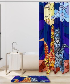 Stained Glass Cats Couple Moon Shower Curtain for an Ethereal and Dreamy Bathroom