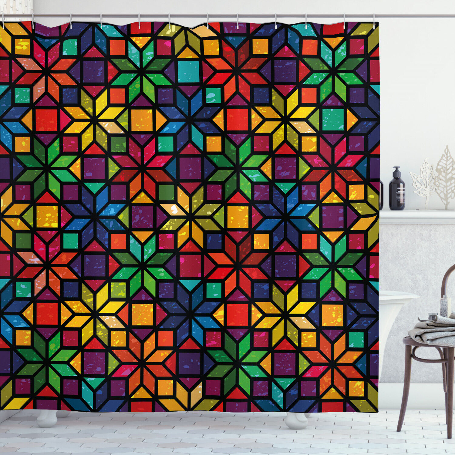 Stained Glass Church Window Geometric Pattern Shower Curtain For Bathroom Decor