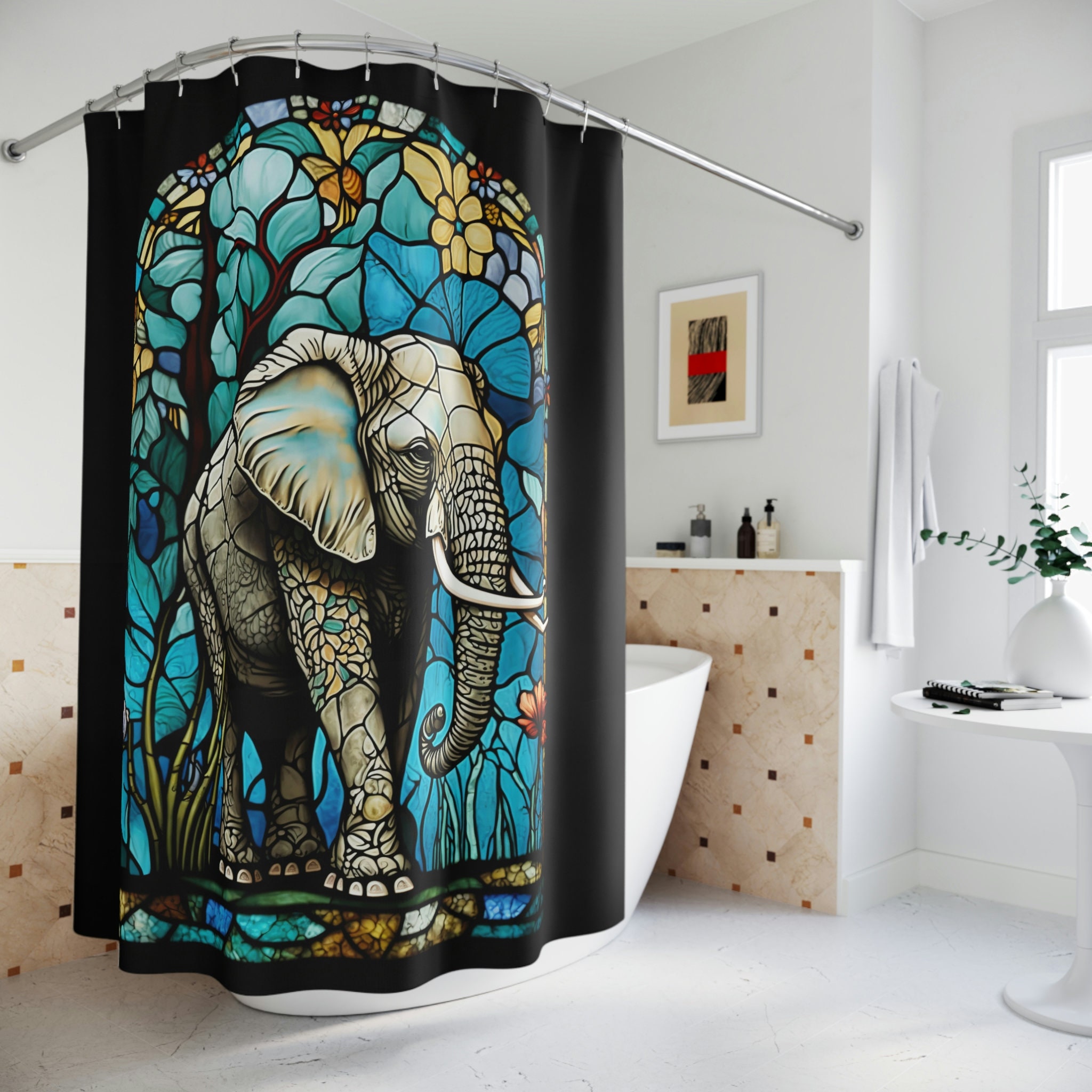 Stained Glass Elephant / Bathroom Art / Unique Shower Curtain / Vintage Bathroom Shower Curtains