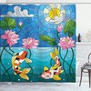 Stained Glass Lotus Flowers Sun Fish Oriental Work Shower Curtain, Cloth Fabric Bathroom Decor in Blue