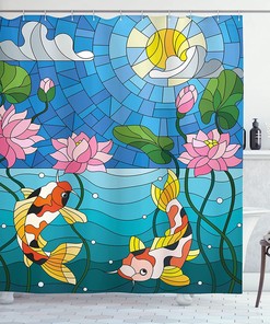 Stained Glass Lotus Flowers Sun Fish Oriental Work Shower Curtain, Cloth Fabric Bathroom Decor in Blue