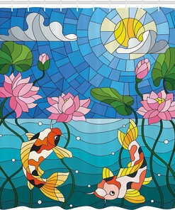 Stained Glass Lotus Flowers Sun Fish Oriental Work Shower Curtain, Cloth Fabric Bathroom Decor in Blue