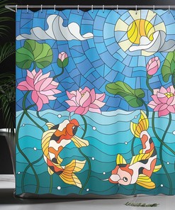 Stained Glass Lotus Flowers Sun Fish Oriental Work Shower Curtain, Cloth Fabric Bathroom Decor in Blue