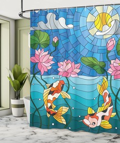 Stained Glass Lotus Flowers Sun Fish Oriental Work Shower Curtain, Cloth Fabric Bathroom Decor in Blue