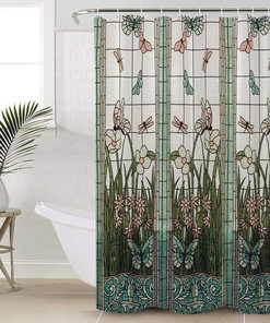 Stained Glass Meadow Flower Dragonfly Print Fabric Curtain for Bathroom