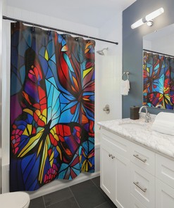 Stained Glass Style Butterflies And Geometric Patterns Colorful Shower Curtain For Unique Bathroom Aesthetic