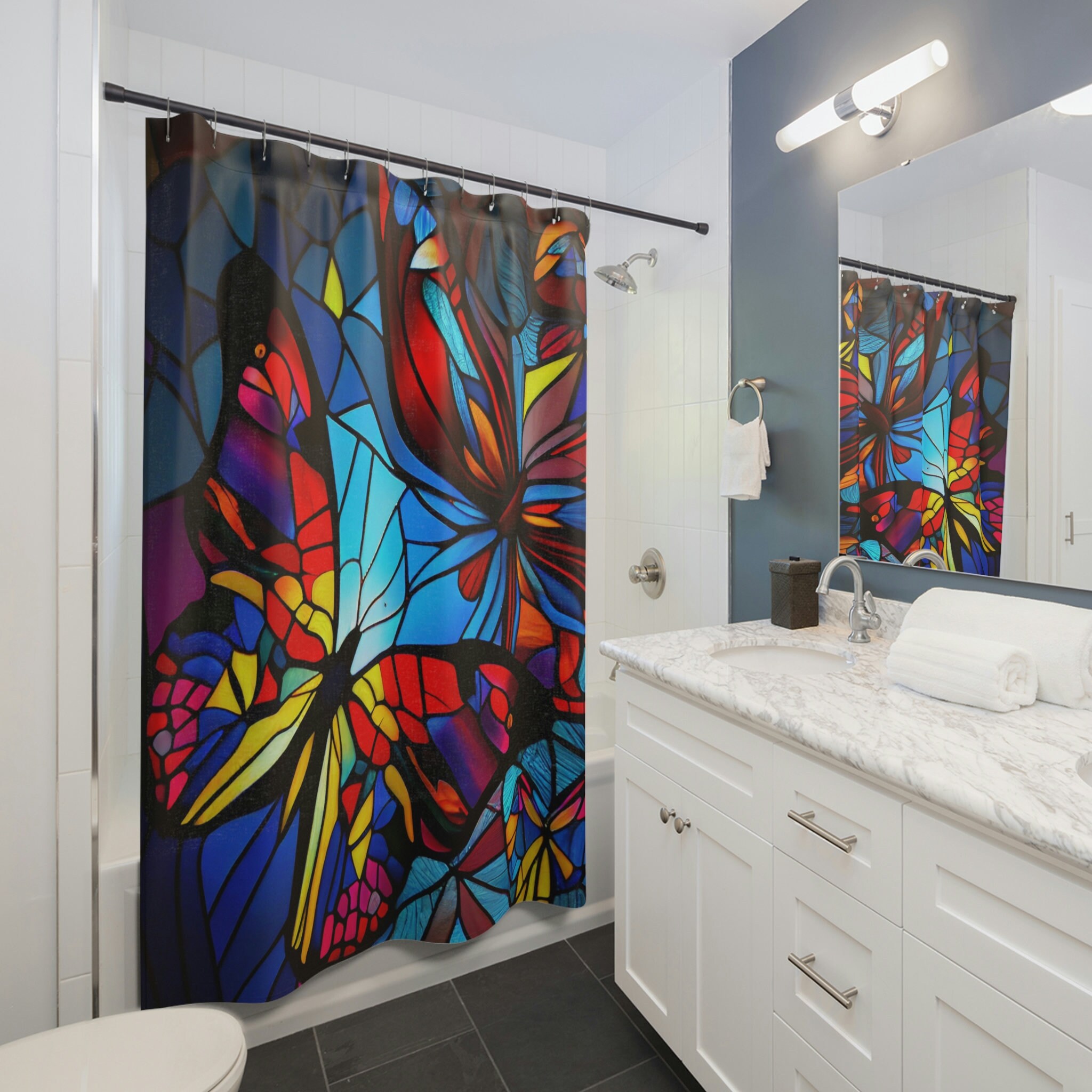 Stained Glass Style Butterflies And Geometric Patterns Colorful Shower Curtain For Unique Bathroom Aesthetic