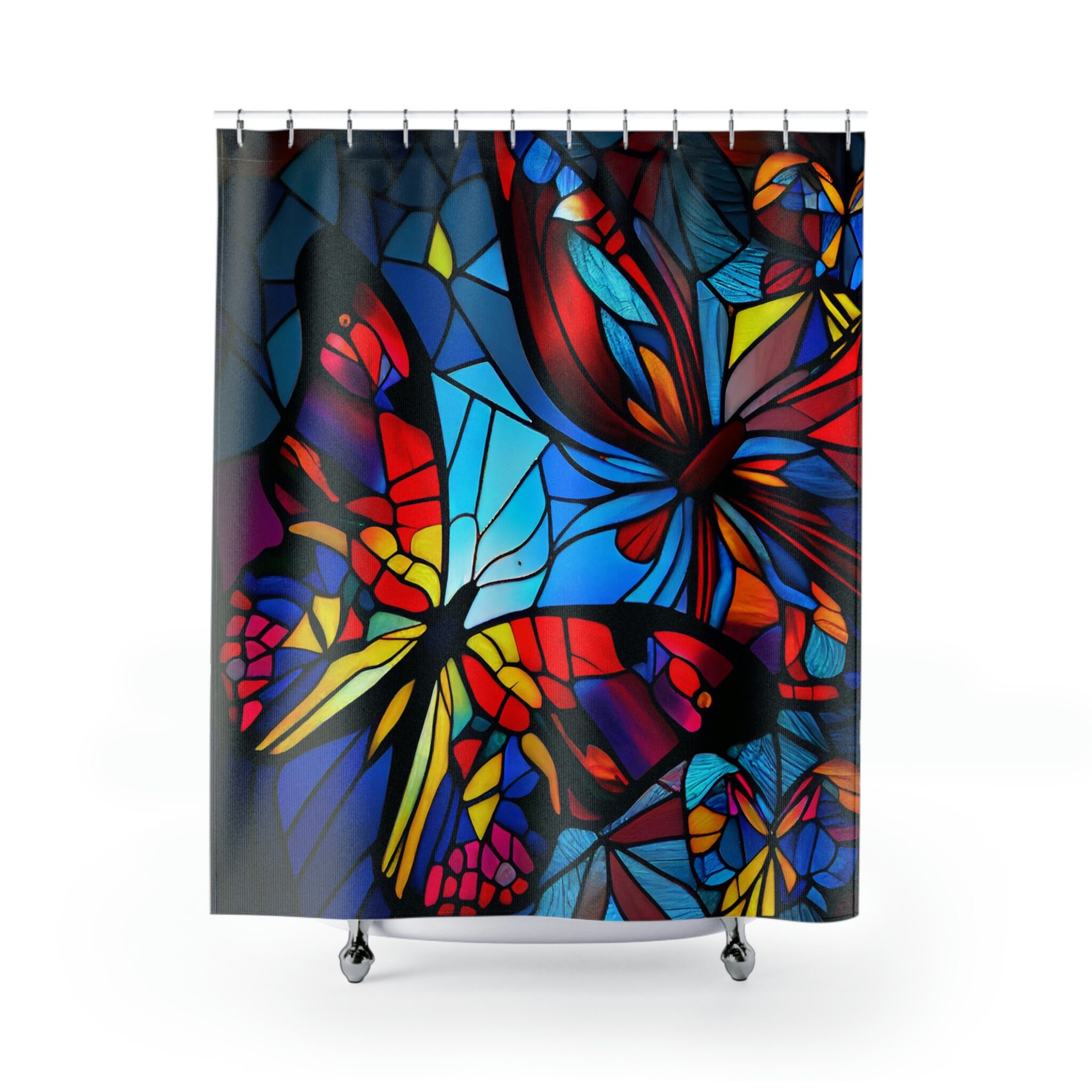 Stained Glass Style Butterflies And Geometric Patterns Colorful Shower Curtain For Unique Bathroom Aesthetic - Image 2