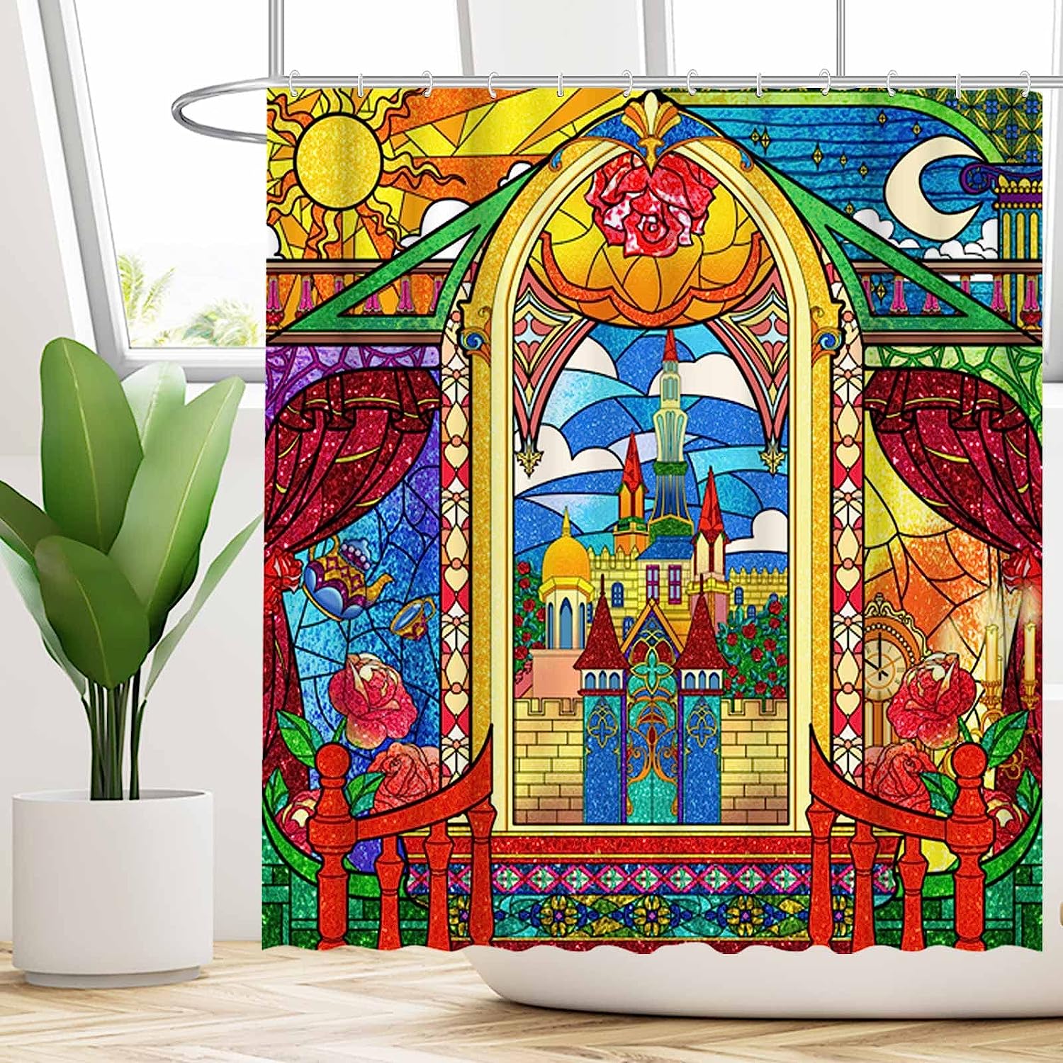 Stained Glass Windows Princess Palace Shower Curtain By Allenjoy - Colorful And Clerestory Art Decoration - Image 2