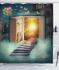Stairs to Magic Book Land Forest with Balloon Zebra Elephant Shower Curtain for a Whimsical Bathroom Decor