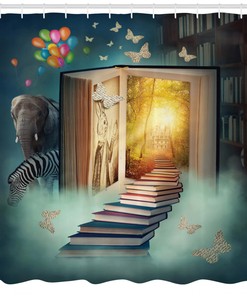 Stairs to Magic Book Land Forest with Balloon Zebra Elephant Shower Curtain for a Whimsical Bathroom Decor