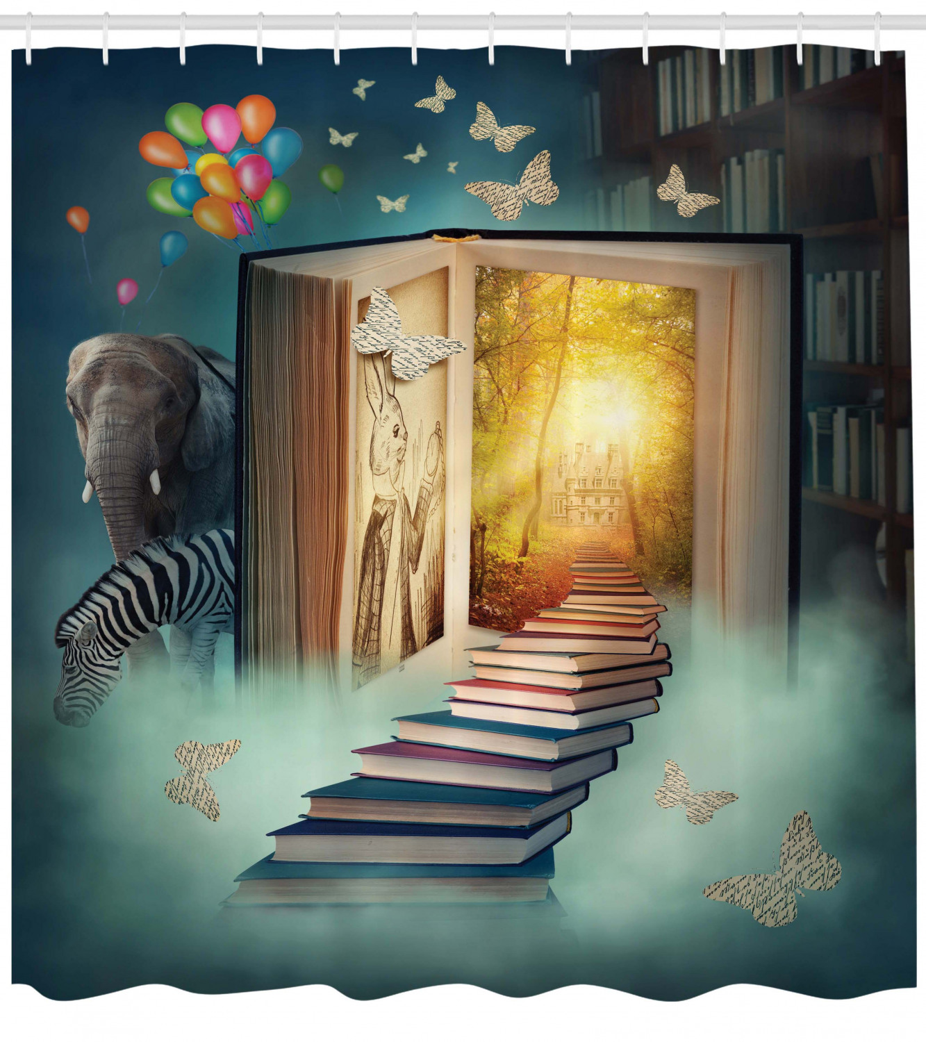 Stairs to Magic Book Land Forest with Balloon Zebra Elephant Shower Curtain for a Whimsical Bathroom Decor