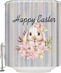 Stall Bunny Floral Rustic Rural Stripes Shower Curtain - LB Happy Easter Bathtub Curtainses