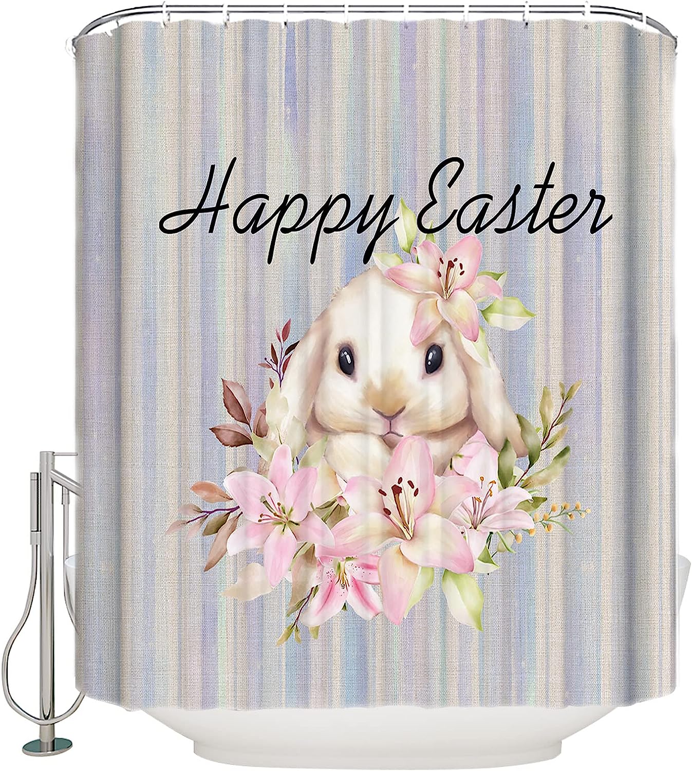 Stall Bunny Floral Rustic Rural Stripes Shower Curtain - LB Happy Easter Bathtub Curtainses