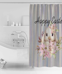 Stall Bunny Floral Rustic Rural Stripes Shower Curtain - LB Happy Easter Bathtub Curtainses