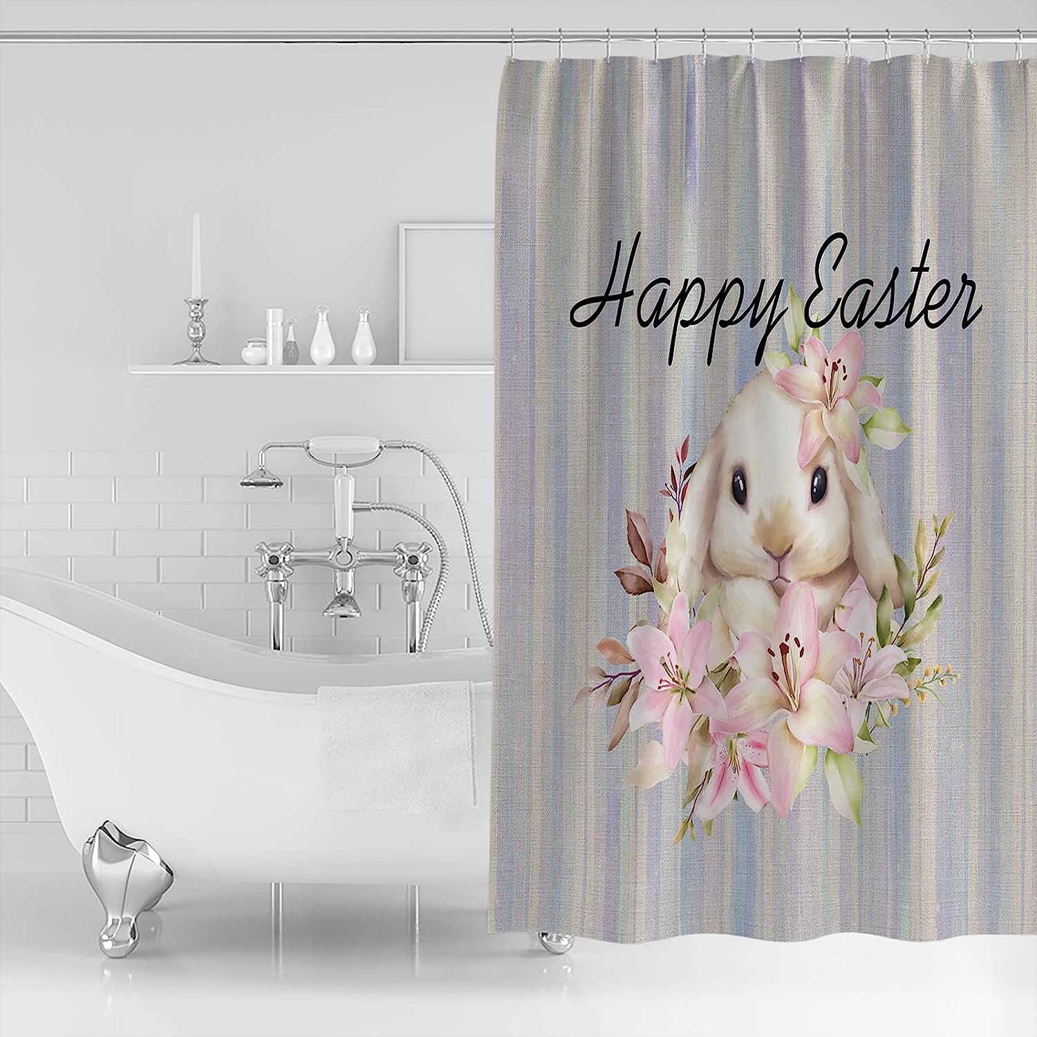 Stall Bunny Floral Rustic Rural Stripes Shower Curtain - LB Happy Easter Bathtub Curtainses