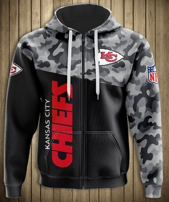 Stand Out This Season With The Kansas City Chiefs Military Hoodie 3D Zip Hoodie With Long Sleeve Design