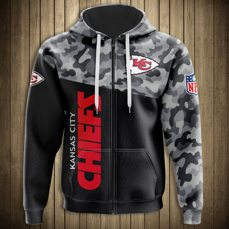 Stand Out This Season With The Kansas City Chiefs Military Hoodie 3D Zip Hoodie With Long Sleeve Design
