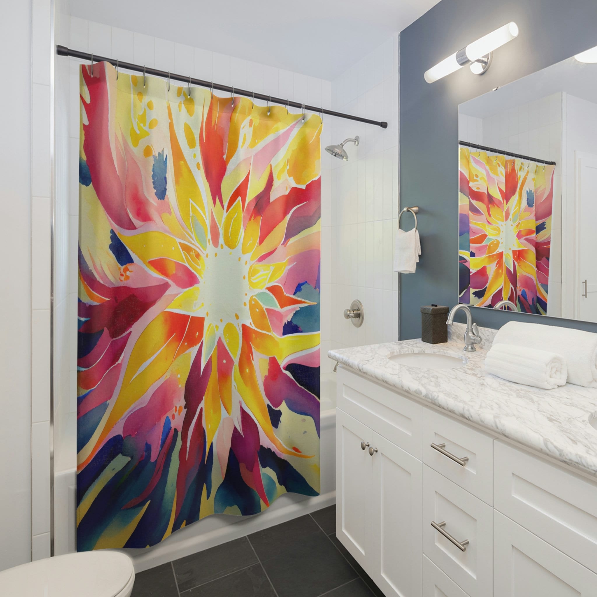 Star Flower Psychedelic Shower Curtain, Vibrant Bathroom Print