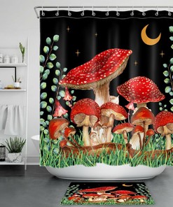 Star Moon Black Mushroom Eucalyptus Leaf Shower Curtain For Mystical Bathroom Decor