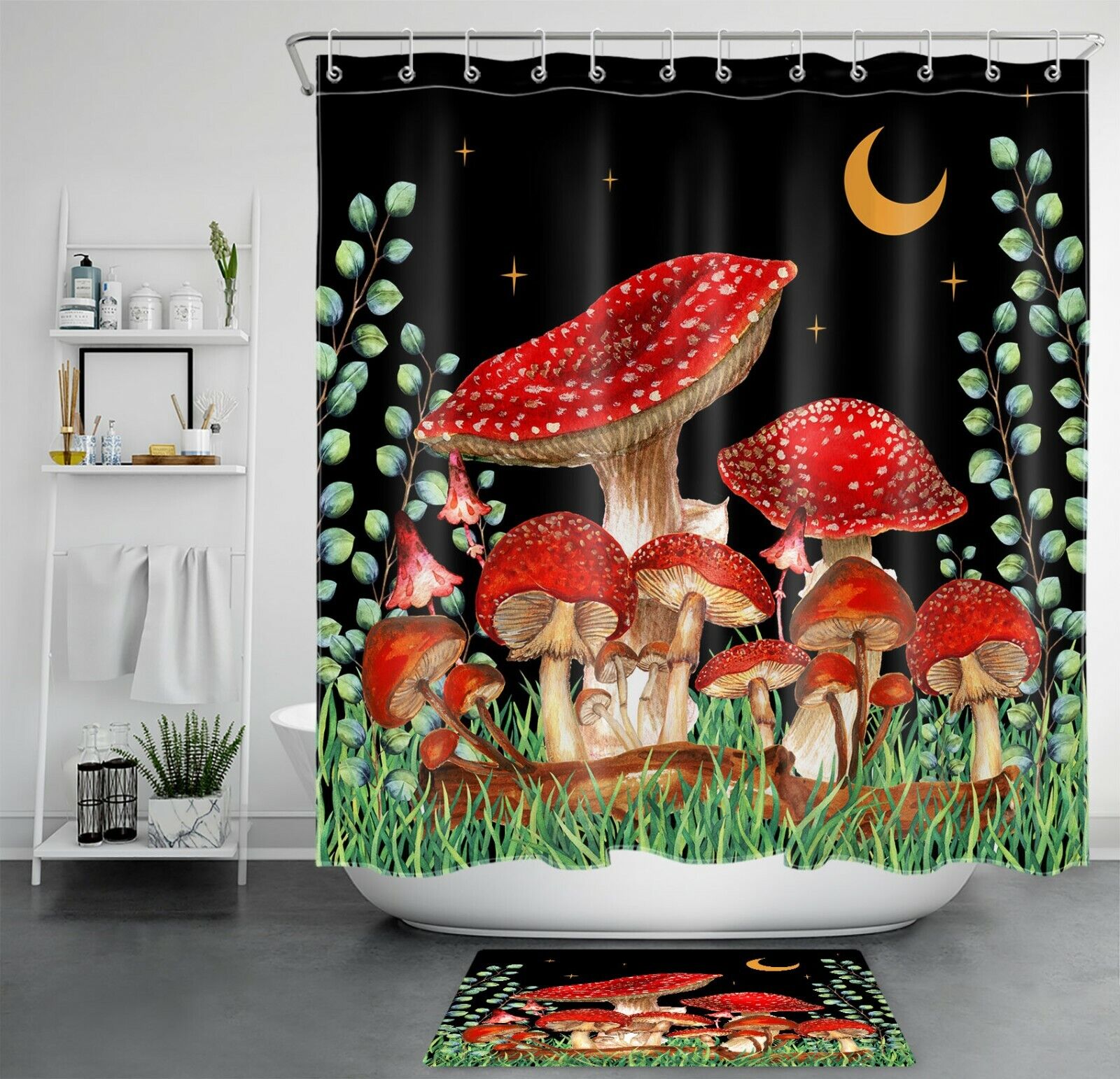 Star Moon Black Mushroom Eucalyptus Leaf Shower Curtain For Mystical Bathroom Decor