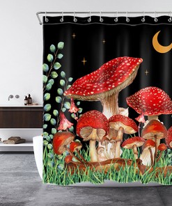 Star Moon Black Mushroom Eucalyptus Leaf Shower Curtain For Mystical Bathroom Decor