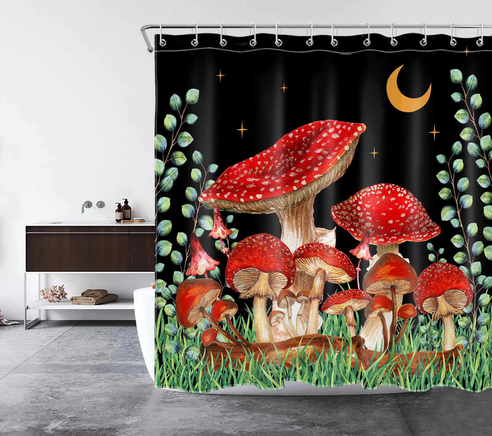 Star Moon Black Mushroom Eucalyptus Leaf Shower Curtain For Mystical Bathroom Decor