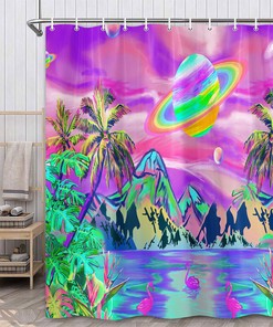 Star Ring And Red Flamingo Print Colorful Shower Curtain For Exotic Bathroom Decor