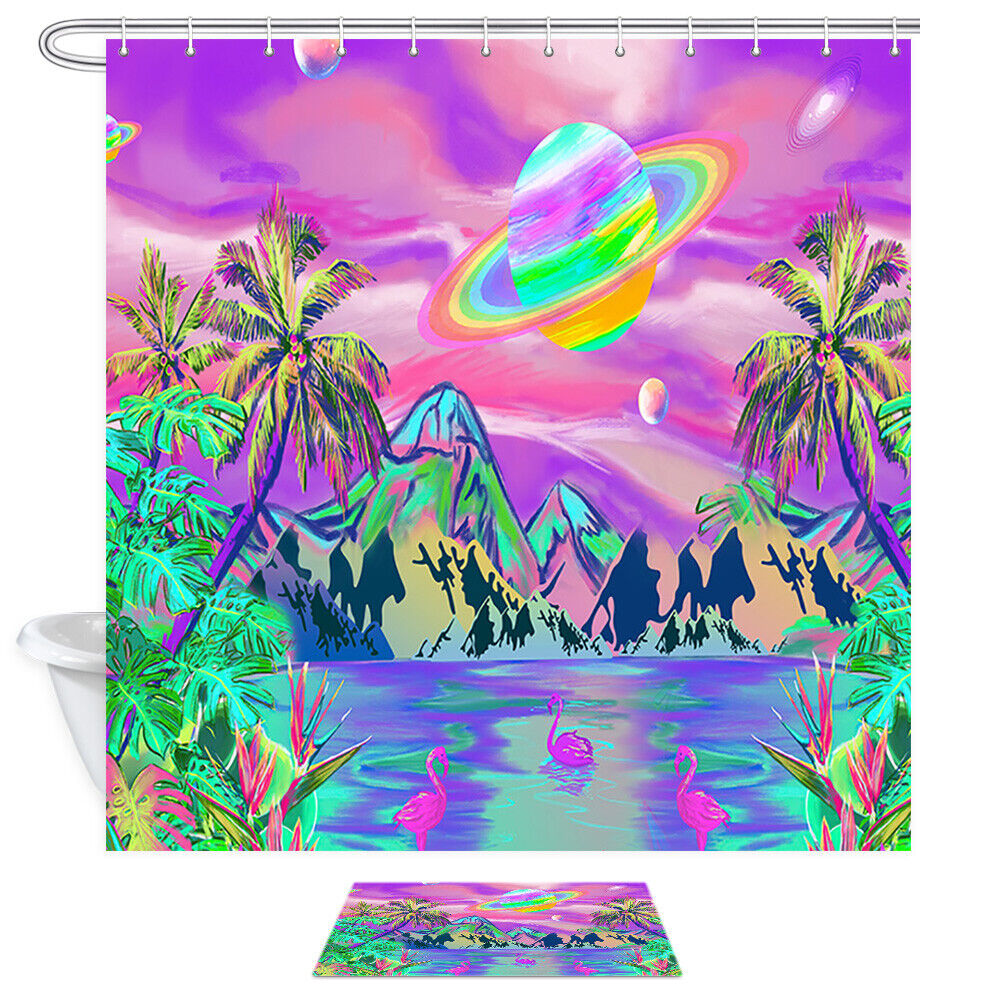 Star Ring And Red Flamingo Print Colorful Shower Curtain For Exotic Bathroom Decor - Image 2