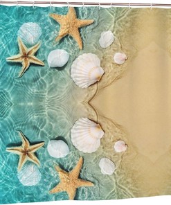 Starfish And Seashell Pattern Coastal Shower Curtain For Bathroom
