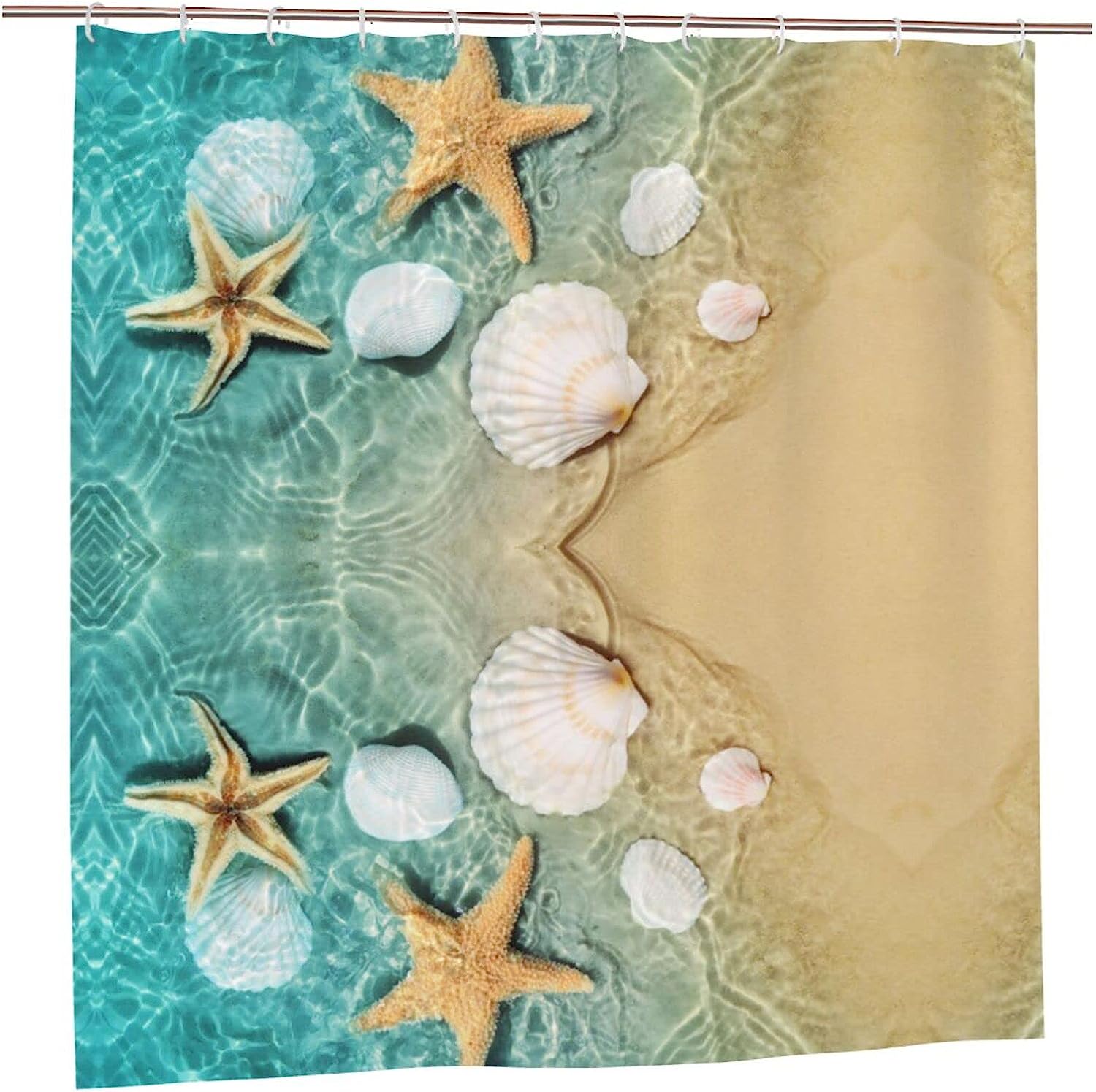 Starfish And Seashell Pattern Coastal Shower Curtain For Bathroom