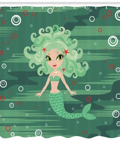 Starfish Sea Cartoon Mermaid Print Shower Curtain for Bathroom Decor