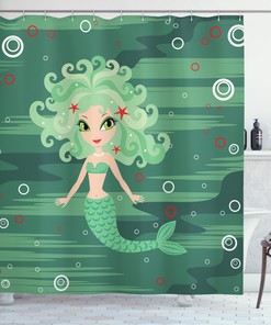 Starfish Sea Cartoon Mermaid Print Shower Curtain for Bathroom Decor