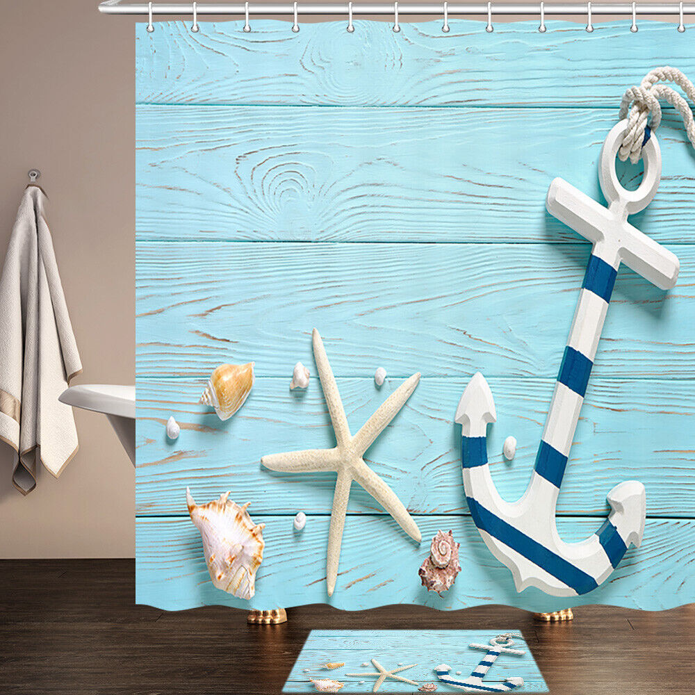 Starfish, Seashell And Anchor Print Fabric Shower Curtain For Bathroom
