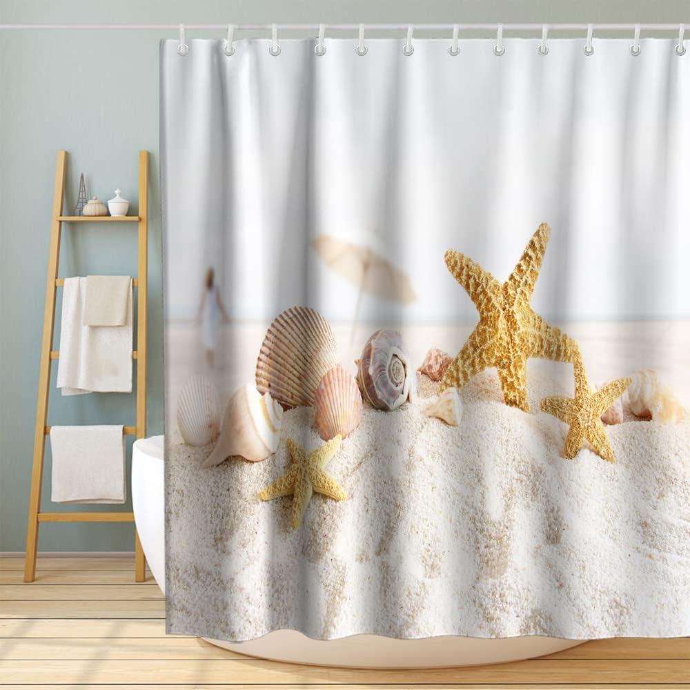 Starfish Seashell Beach Ocean Unique Shower Curtain Waterproof Washable Beige